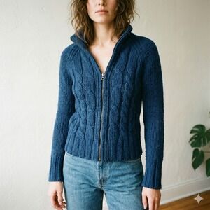 Vintage Y2K Abercrombie & Fitch Cable Knit‎ Sweater Womens Medium Navy Blue Wool